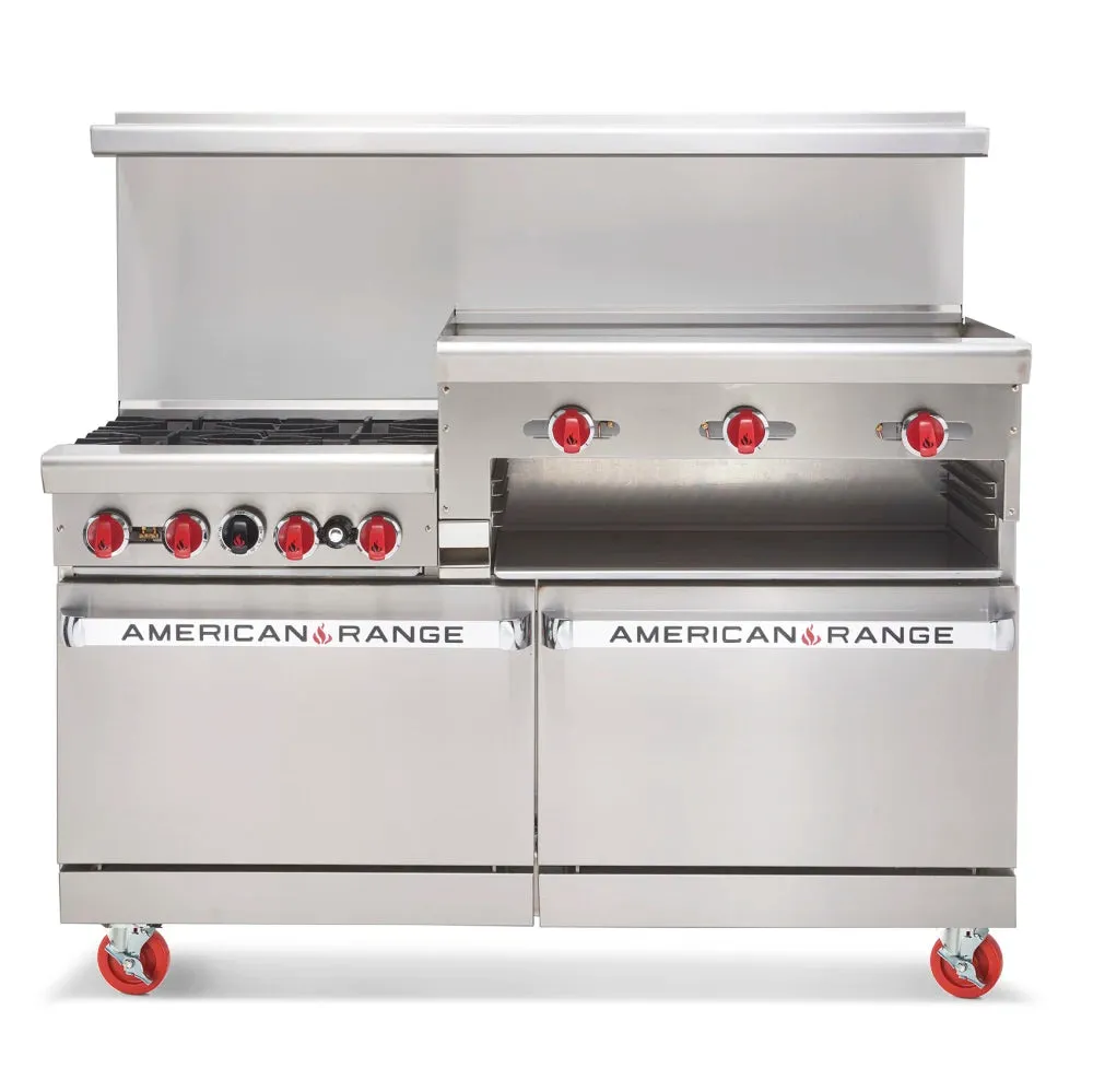 American Range AR-6B-24RG-DSB 60 6 Burner Gas Range w/ Raised Griddle/Broiler & 2 Standard Bases